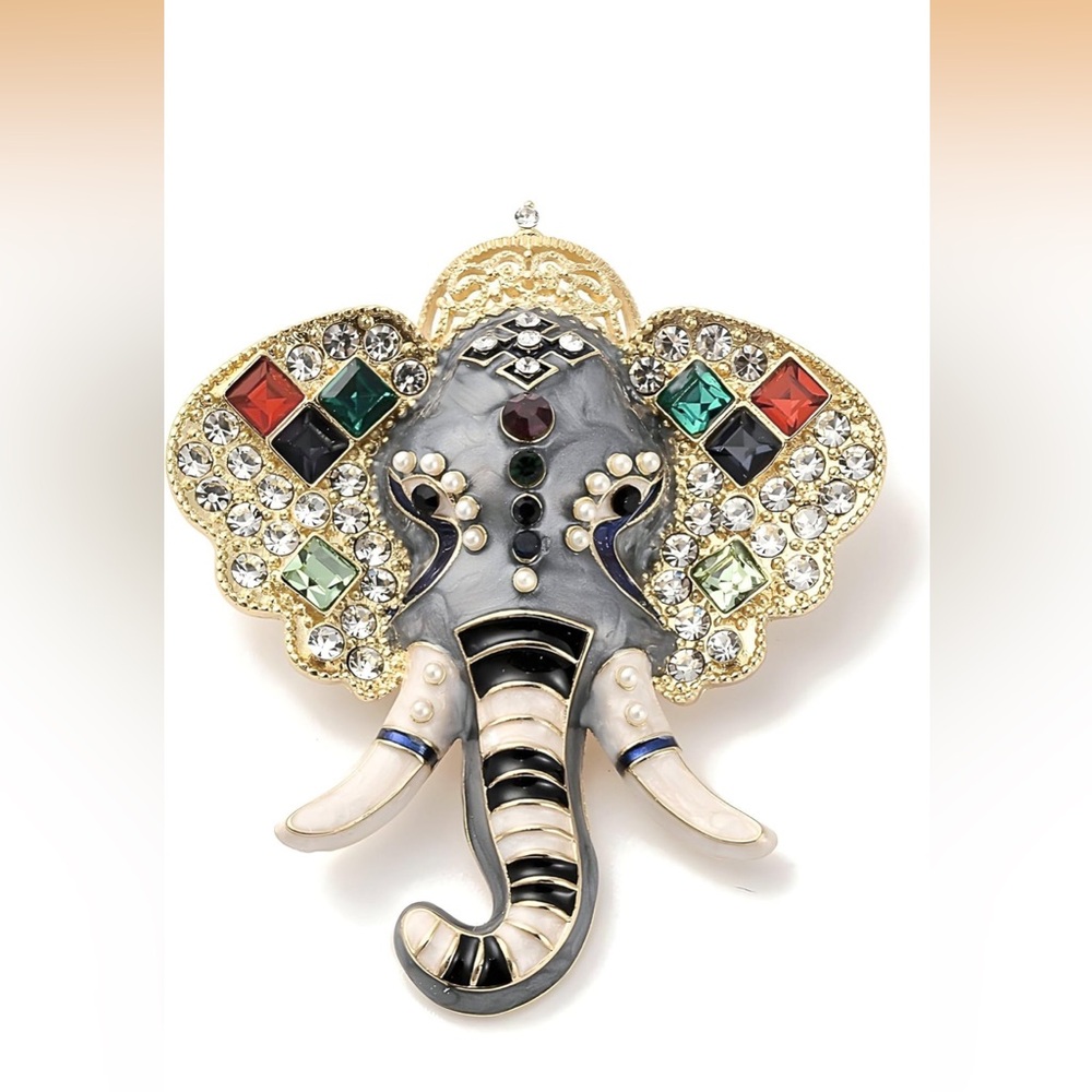 Embellished Elephant Brooch Pin in Gold Tone with Multicolor Stones